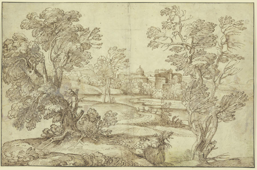 Landschaft mit Wasser, Baumgruppen und Gebäuden van Giovanni Francesco Grimaldi