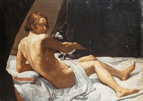 Young Man Lying on a Bed with a Cat van Giovanni Lanfranco