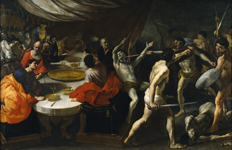 Gladiator fights at a Banquet van Giovanni Lanfranco