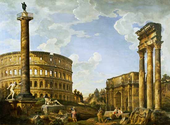 Roman Capriccio Showing the Colosseum, Borghese Warrior, Trajan's Column, the Dying Gaul, Tomb of Ce van Giovanni Paolo Pannini