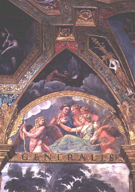Cupid with Venus and Mercury whom she is sending to capture Psyche, lunette from the Sala di Amore e van Giulio Romano