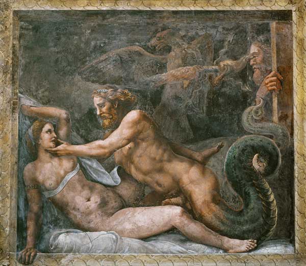 Olympia is seduced by Jupiter, whose thunderbolt is seized by an eagle who drills the eye of the jea van Giulio Romano
