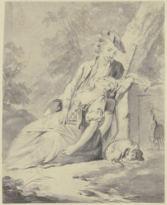 Ein Schäfer und eine Schäferin mit einem Hund lagern unter Bäumen van Gottlieb Welté