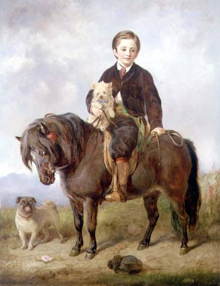 John Samuel Bradford as a boy seated on a shetland pony with a pug dog van Gourlay Steell