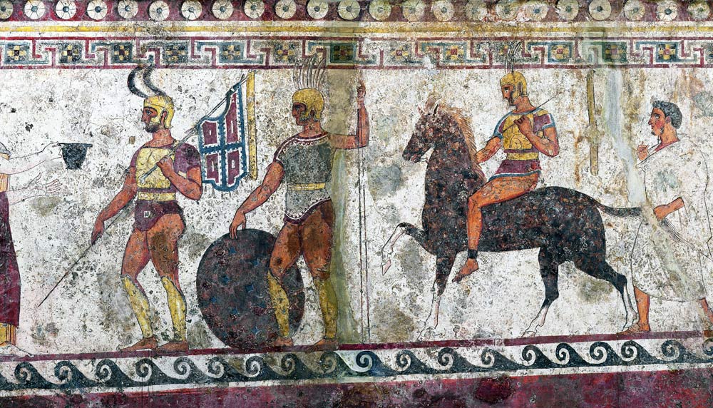 Foot soldiers and cavalry, tomb painting from Paestum van Greek School