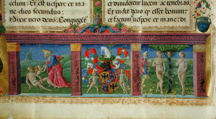 The Creation and Temptation of Adam and Eve with the coat of arms of the House of Este, from the 'Bi van Guglielmo Giraldi