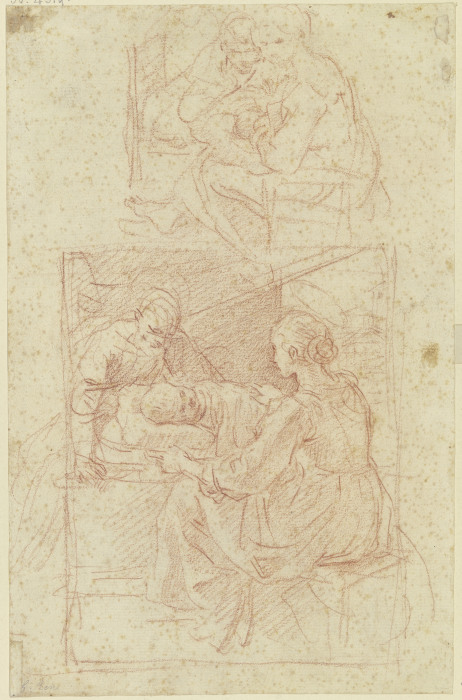 Heilige Familie, das Kind liegt im Bett, oben ein zweiter Entwurf van Guido Reni
