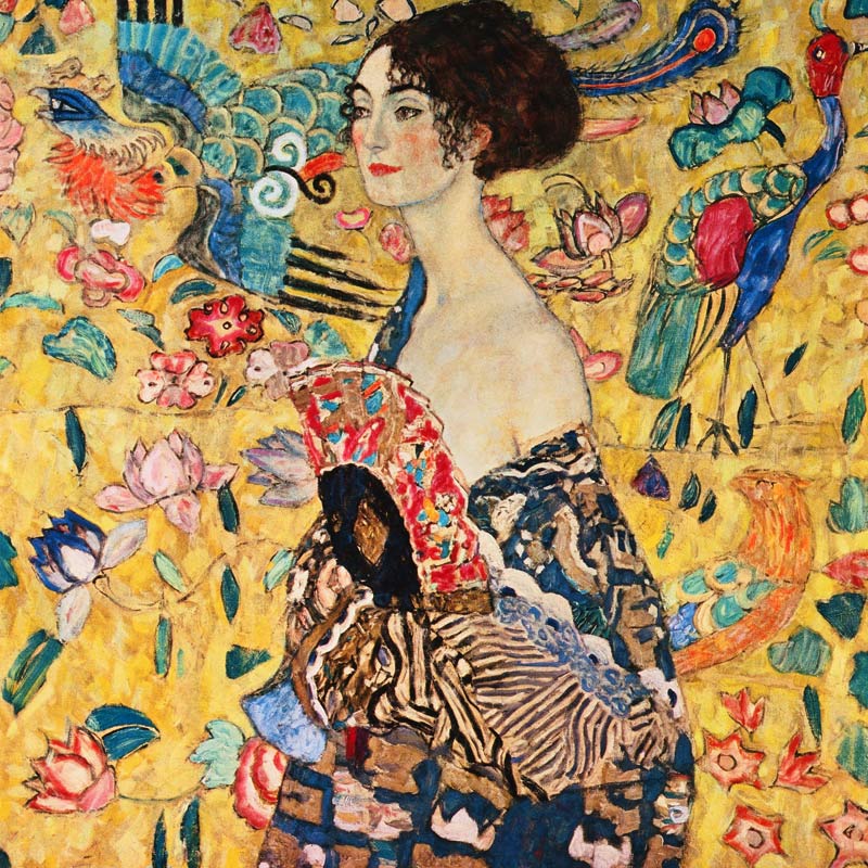 Dame met waaier schilderij van Gustav Klimt - verkrijgbaar als kunstdruk,  als poster, op canvas, als olieverfschilderij of op dibond/acrylglas Als  reproductie kunstdruk of als handgeschilderd olieverfschilderij