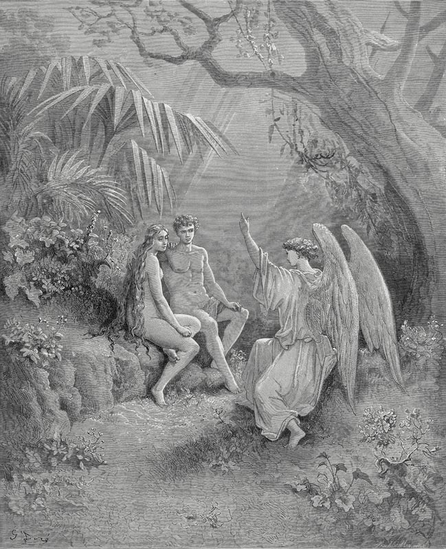 Raphael talks to Adam and Eve. Illustration for John Milton's "Paradise Lost" van Gustave Doré
