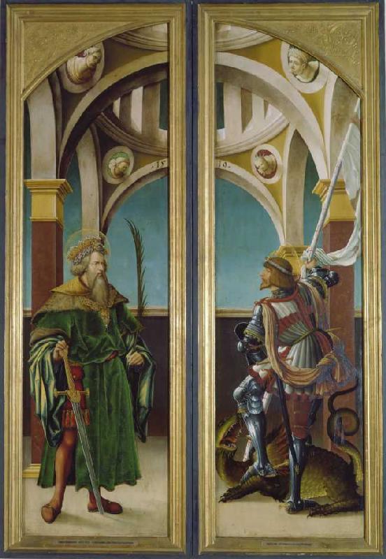Kreuzigungsaltar Außenseiten linken und rechten: Die hll. Sigismund und Georg Nadelholz, van Hans Burgkmair d. Ä.