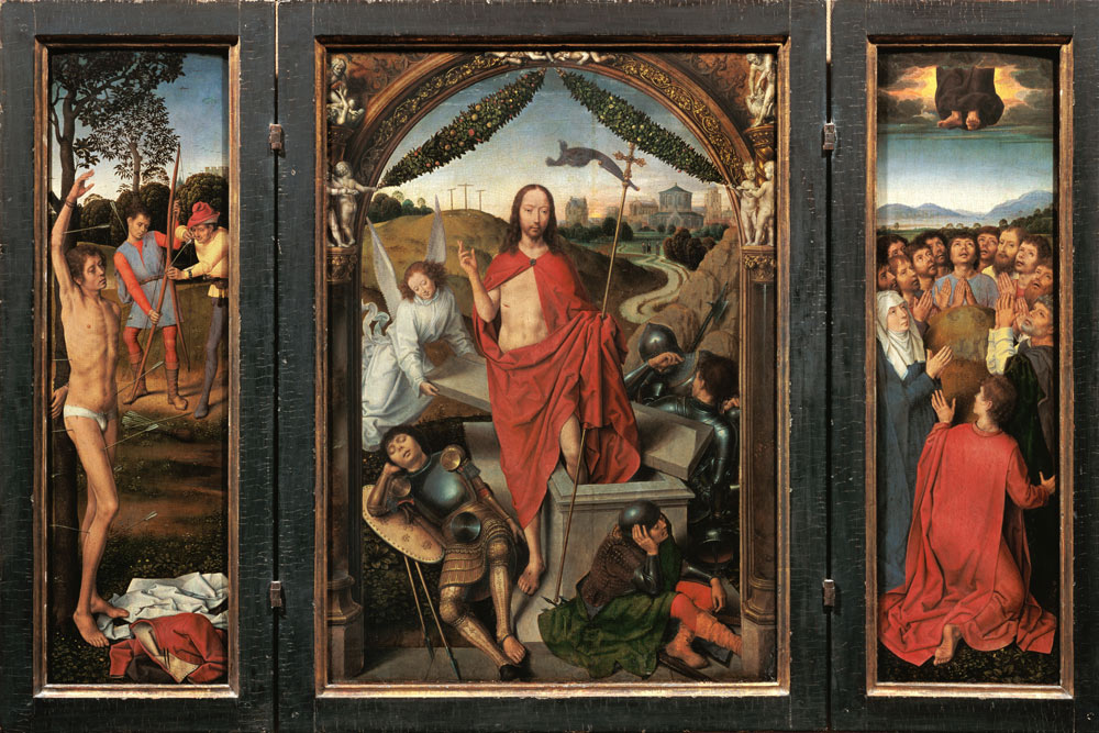 Auferstehungsaltar, Triptychon (hl. Sebastian, Auferstehung, Himmelfahrt) van Hans Memling