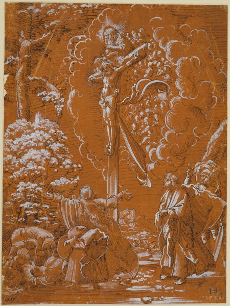 Der gekreuzigte Christus, Gottvater und der Heilige Geist in einer Landschaft mit Assistenzfiguren van Hans Mielich