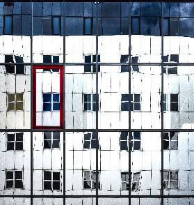 Blue window in a red frame.