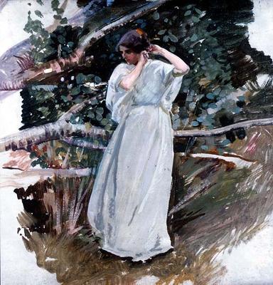 Young woman in a long white dress (panel) van Harry Watson