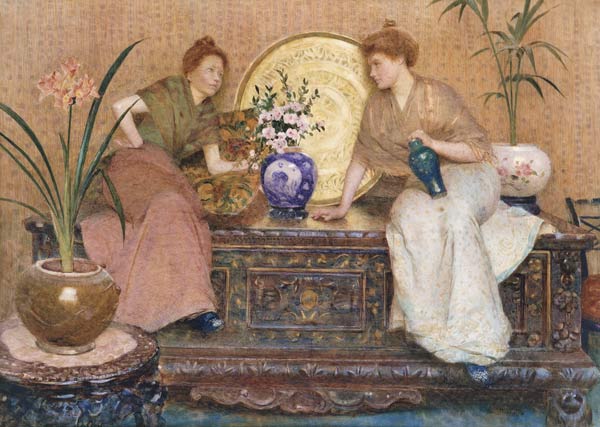 Zwei Damen auf einer Truhe sitzend. van Hector Caffieri