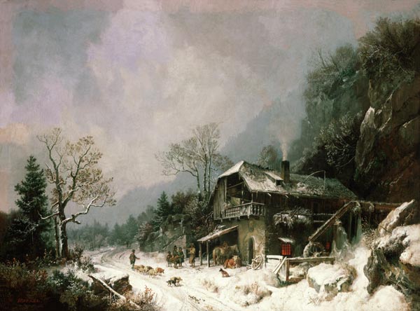 Winterlandschaft an einer Schmiede van Heinrich Bürkel