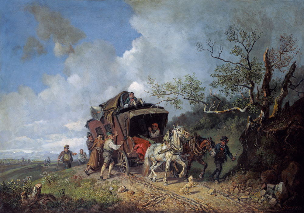 Stellwagen auf einer Landstrasse im Voralpenland. van Heinrich Bürkel