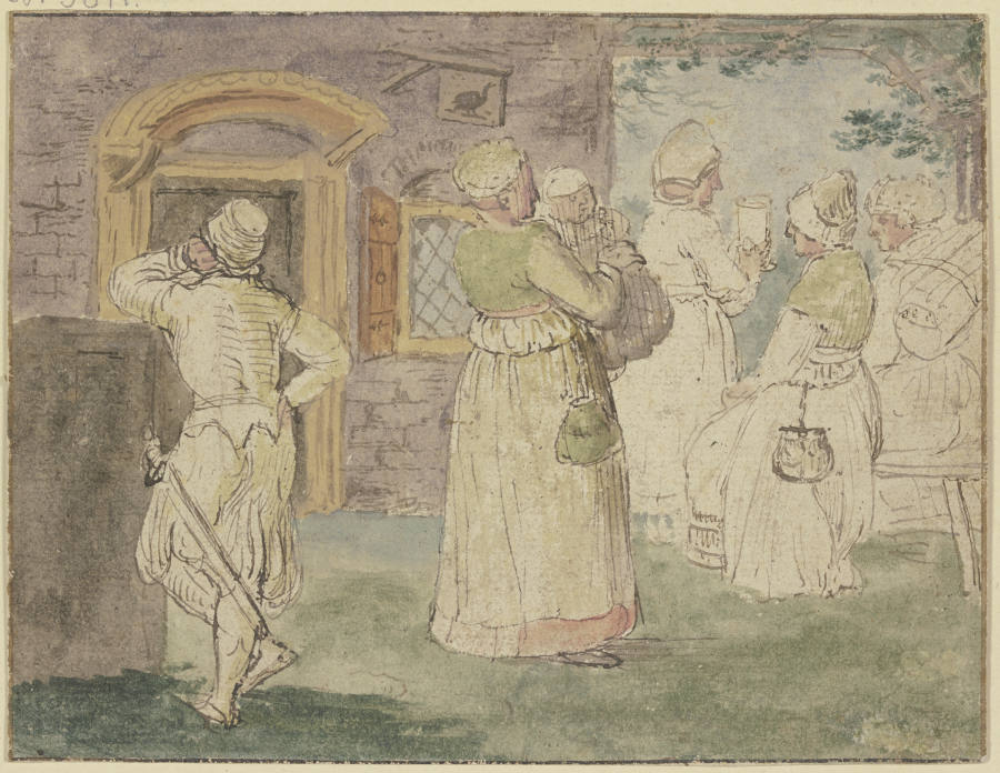 Vor einem Wirtshaus, links ein Soldat, rechts vier zechende Frauen, die eine trägt ein Kind van Hendrick Avercamp