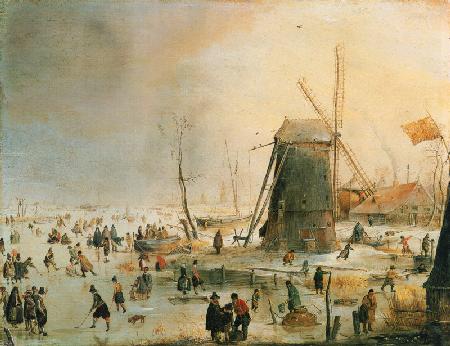 Winterlandschaft mit Schlittschuhfahrern bei einer Windmühle