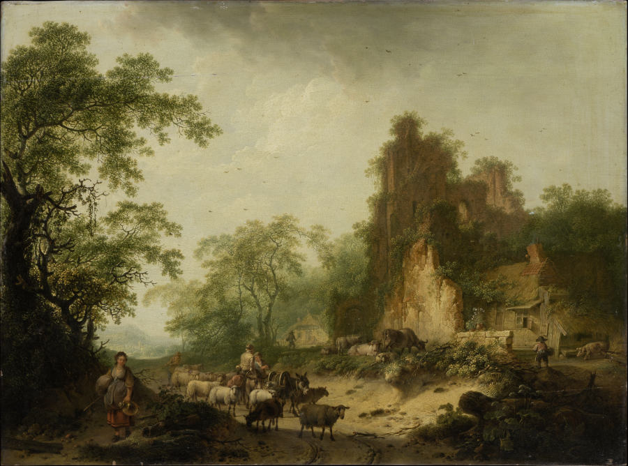 Landscape with Herd of Sheep in Front of a Peasant Hut in a Ruins van Hendrik Meyer