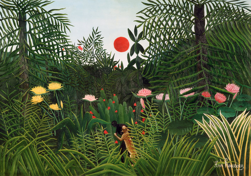 Urwaldlandschaft mit untergehender Sonne (Neger, von einem Jaguar angefallen) van Henri Julien-Félix Rousseau