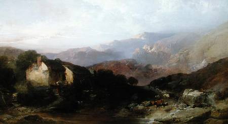 View in North Wales with Overshot Mill, Cattle and Sheep van Henry Bright