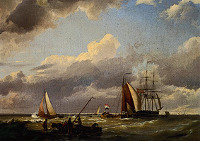 Holländische Schiffe bei leichter Brise in Küstennähe van Hermanus Koekkoek