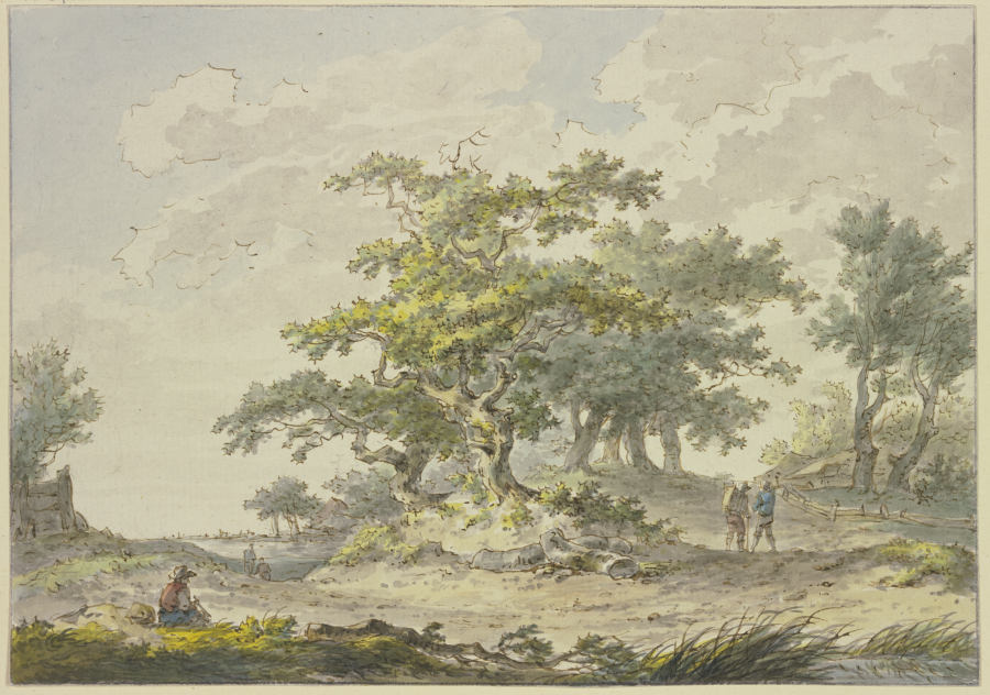 Gruppen von Eichbäumen, rechts zwei Wanderer, links eine sitzende Figur van Hermanus van Brussel