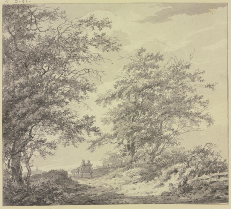 Weg zwischen zwei Baumgruppen mit einem Wagen, rechts am Zaun ein sitzender Mann van Hermanus van Brussel