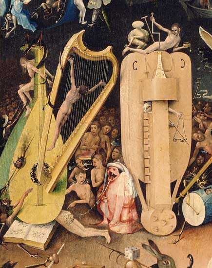 The Garden of Earthly Delights: Hell, detail of musical instuments from the right wing of the tripty van Hieronymus Bosch Hieronymus Bosch