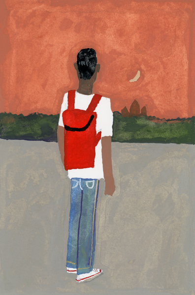 A traveler carrying a red backpack van Hiroyuki Izutsu