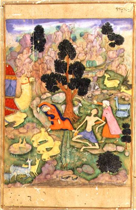f.28a Layla and Majnun faint at their meeting, illustration to a poem of the Khamsa called 'Majnun L van Husain  Naquash