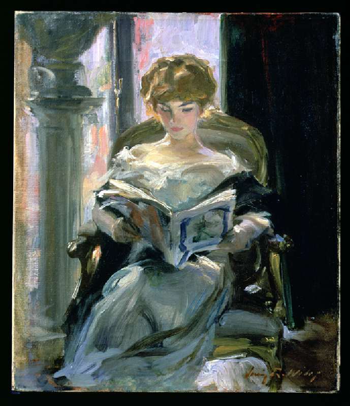 Woman Reading (oil on canvas) van Irving Ramsay Wiles