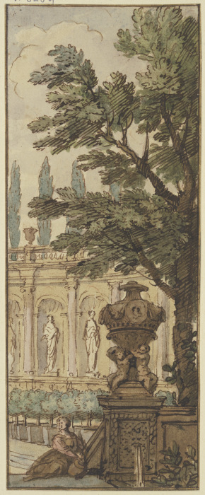 Panneau, im Vordergrund eine Vase, im Hintergrund ein Orangeriegebäude van Isaac de Moucheron