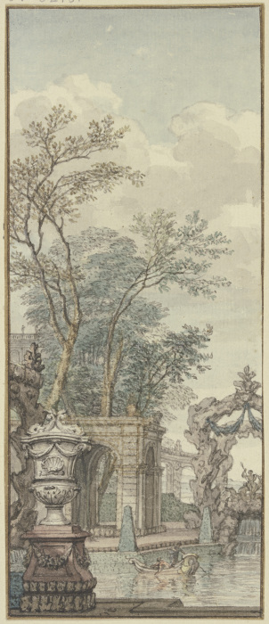 Panneau, Parkansicht mit Wasserwerken und künstlichem Felsen van Isaac de Moucheron