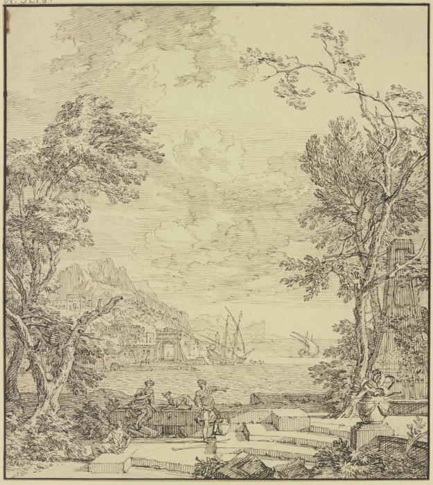 Terrasse am Meer, rechts ein Brunnen van Isaac de Moucheron