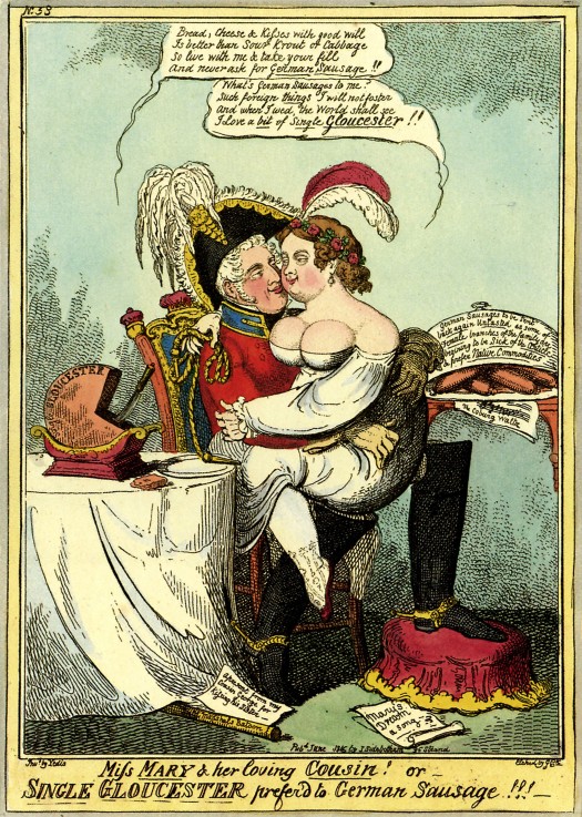 Miss Mary and her Loving Cousin or Single Gloucester Prefer'd to German Sausage! van Isaac Robert Cruikshank