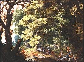 A Wooded Landscape with Hunters and Hounds (oil on copper)