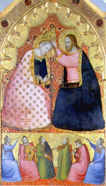 Coronation of the Virgin, altarpiece with a predella panel depicting angels playing musical instrume van Scuola pittorica italiana
