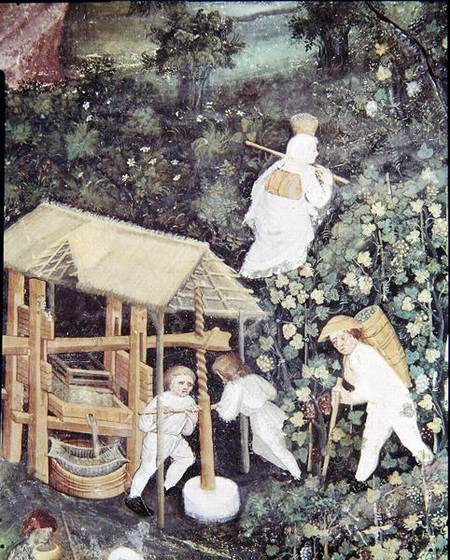 The Month of October, detail of grape-pickers pressing grapes van Scuola pittorica italiana