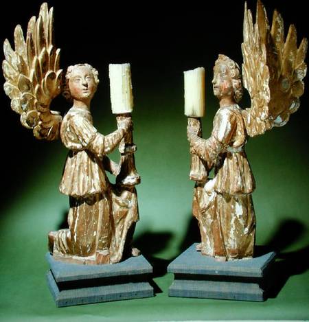 Pair of carved candlesticks (polychrome oak) van Scuola pittorica italiana