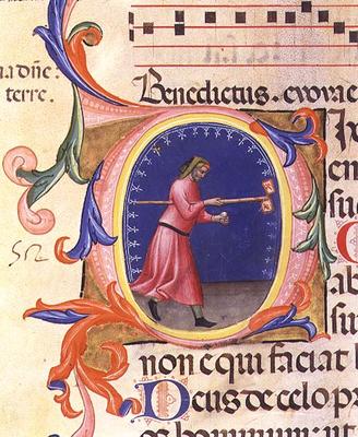 Ms 559 f.113v Historiated initial 'O' depicting St. Joseph holding a rod with two flags decorated wi van Italian School, (14th century)