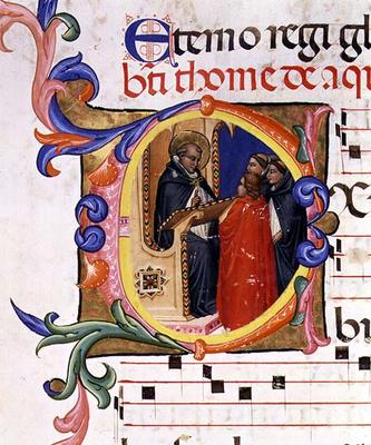 Ms 559 f.285v Historiated initial 'O' depicting a monk at a lectern conversing with other monks, fro van Italian School, (14th century)