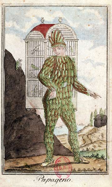 Papageno the bird-catcher, from 'The Magic Flute' by Wolfgang Amadeus Mozart (1756-91), (coloured en van Italian School, (18th century)