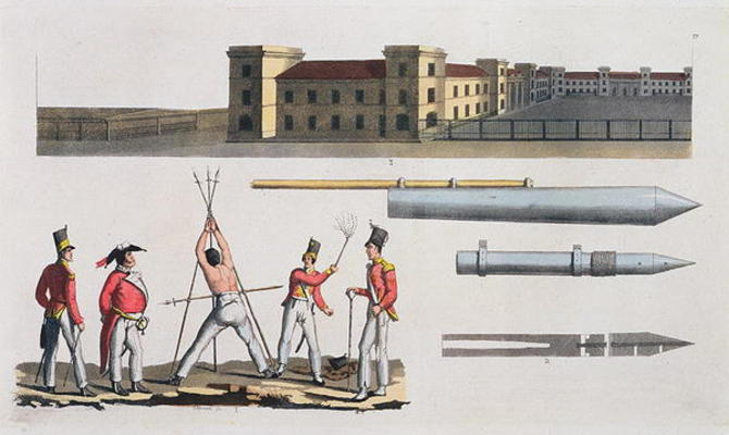 Chatham Barracks, a Military Punishment called the 'Triangle' and Congreve Rockets, plate 17 from 'T van Italian School, (19th century)
