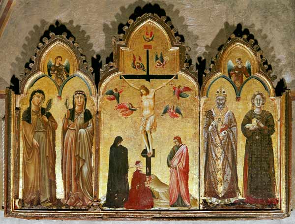 Kreuzigung mit Stifter und den Heiligen Agnes, Rufinus, Klara von Assisi und Agnes der Klarissin van Italienisch