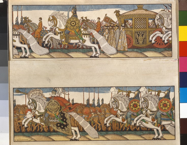 Army of Tsar Dadon. Illustration to the fairytale The Golden Cockerel by A. Pushkin van Ivan Jakovlevich Bilibin