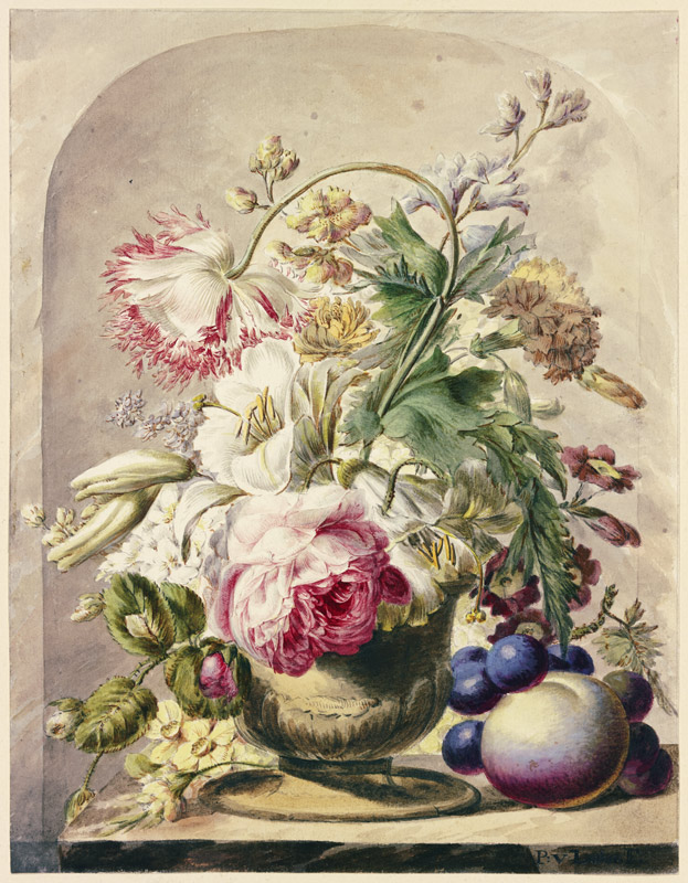 Bouquet in einer Vase, vorne rechts ein Pfirsich und einige Trauben van J. H. van Loon