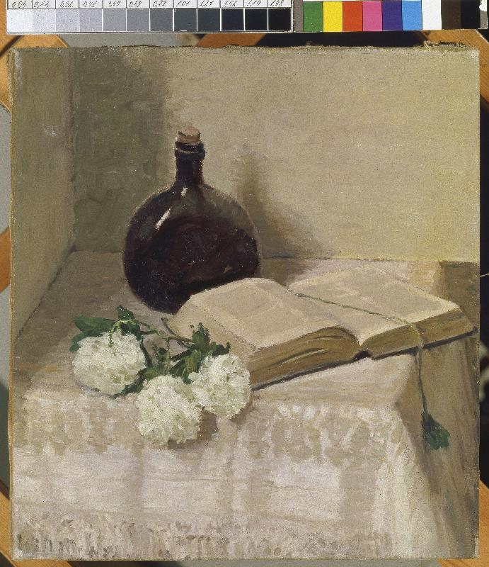 Stillleben mit Buch, Weinflasche und Blumen. van J. Hansch