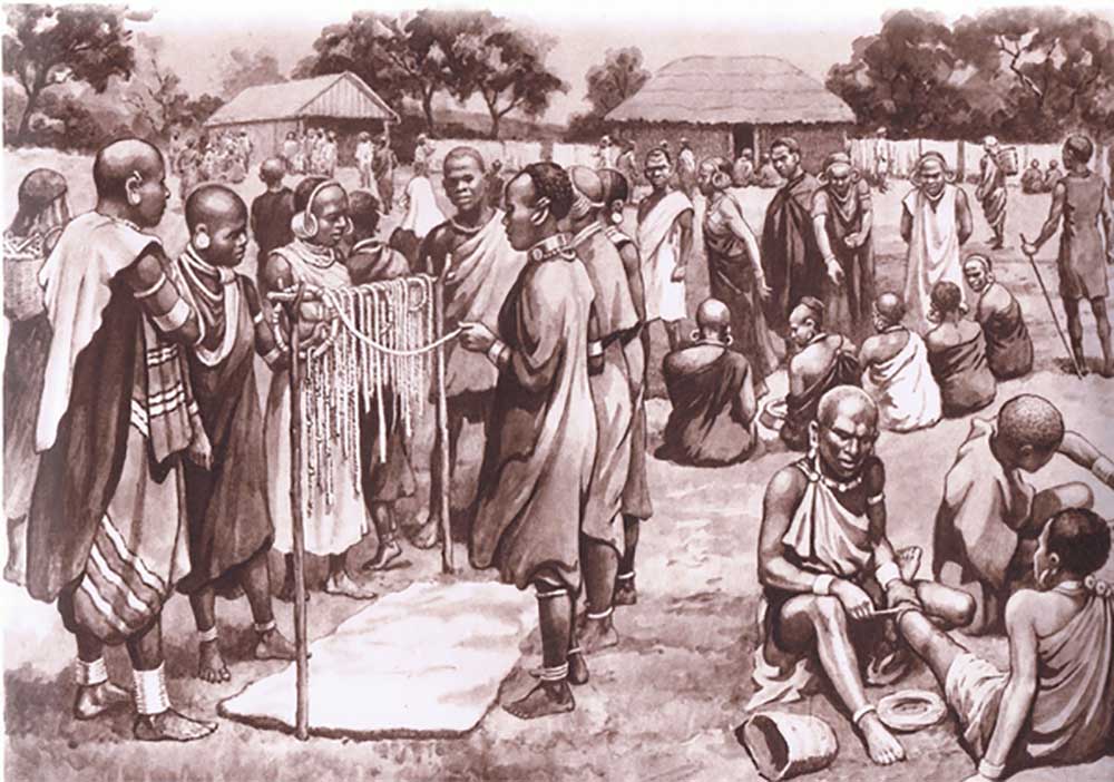 Market scene in Kikuyu, from MacMillan school posters, c.1950-60s van J. Macfarlane